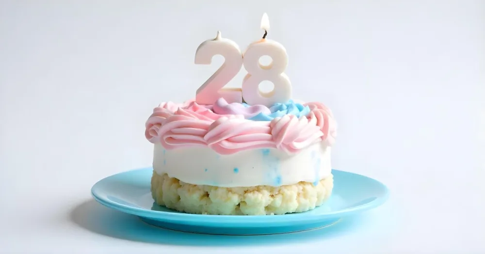 A Cake With Pink And Blue Frosting And A Candle With The Number 28 On A Blue Plate In A White Background 20 B7b7
