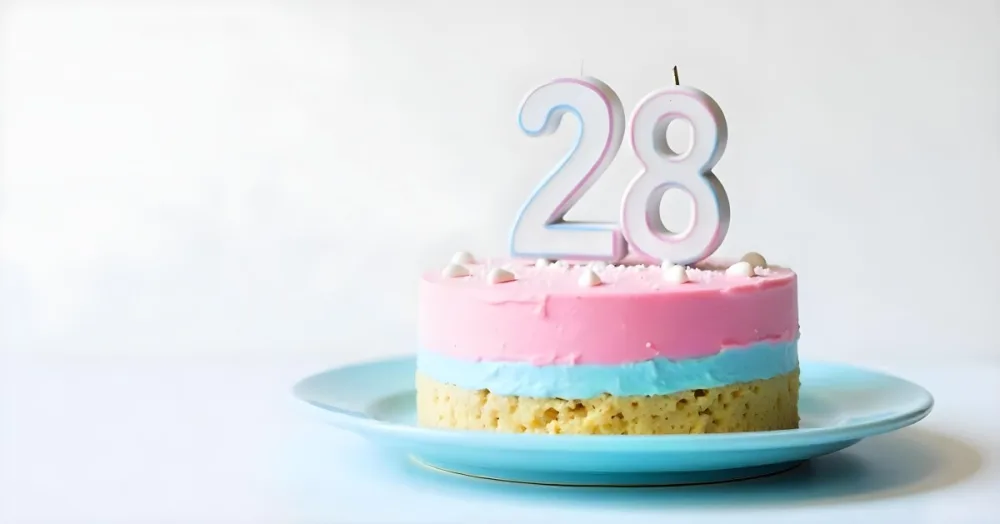 A Cake With Pink And Blue Frosting And A Candle With The Number 28 On A Blue Plate In A White Background 21 6fcd