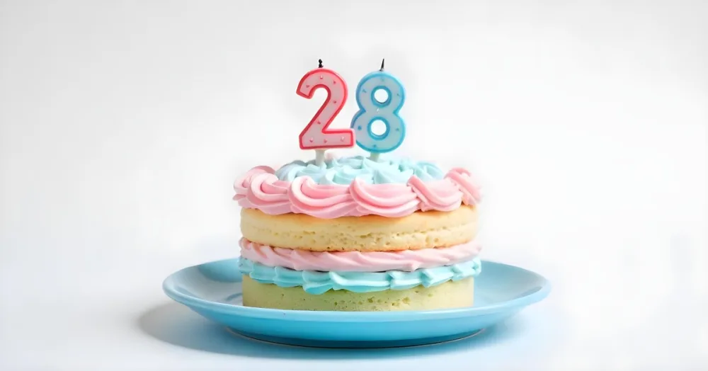 A Cake With Pink And Blue Frosting And A Candle With The Number 28 On A Blue Plate In A White Background 22 8827