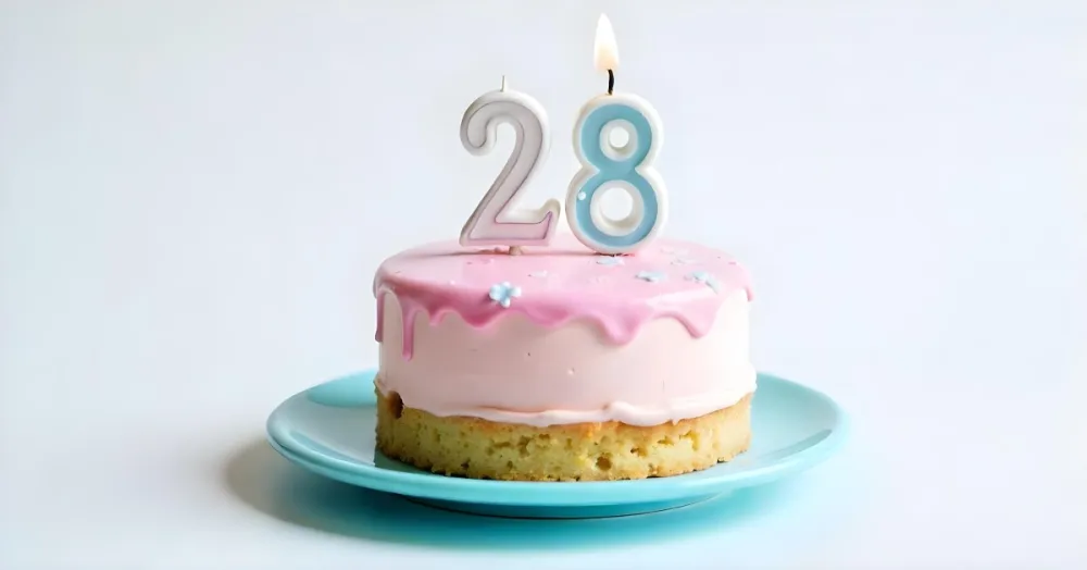 A Cake With Pink And Blue Frosting And A Candle With The Number 28 On A Blue Plate In A White Background 23 B69e