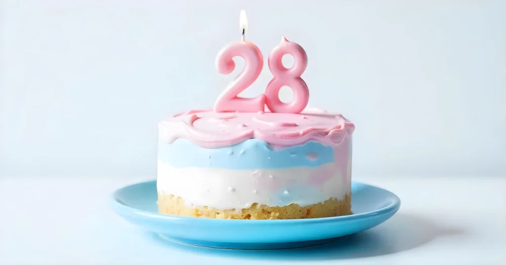 A Cake With Pink And Blue Frosting And A Candle With The Number 28 On A Blue Plate In A White Background 25 2cef