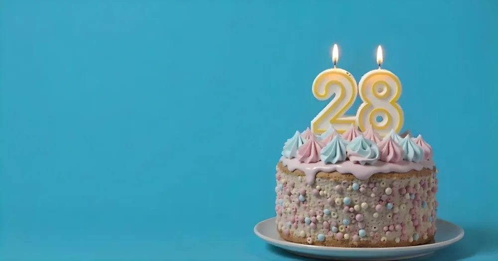 A Cake With Pink And Blue Frosting And A Candle With The Number 28 On A Blue Plate In A White Background 3 132a