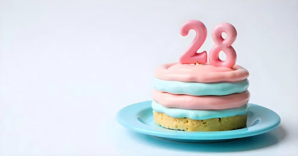 A Cake With Pink And Blue Frosting And A Candle With The Number 28 On A Blue Plate In A White Background 6 1c25