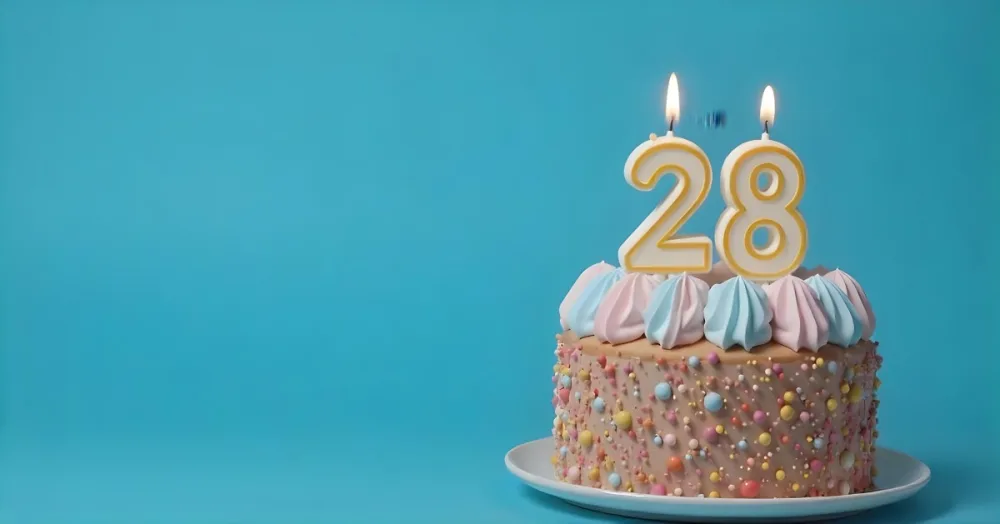A Cake With Pink And Blue Frosting And A Candle With The Number 28 On A Blue Plate In A White Background 7 9f48