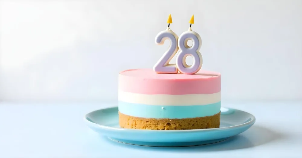 A Cake With Pink And Blue Frosting And A Candle With The Number 28 On A Blue Plate In A White Background 8 A75e