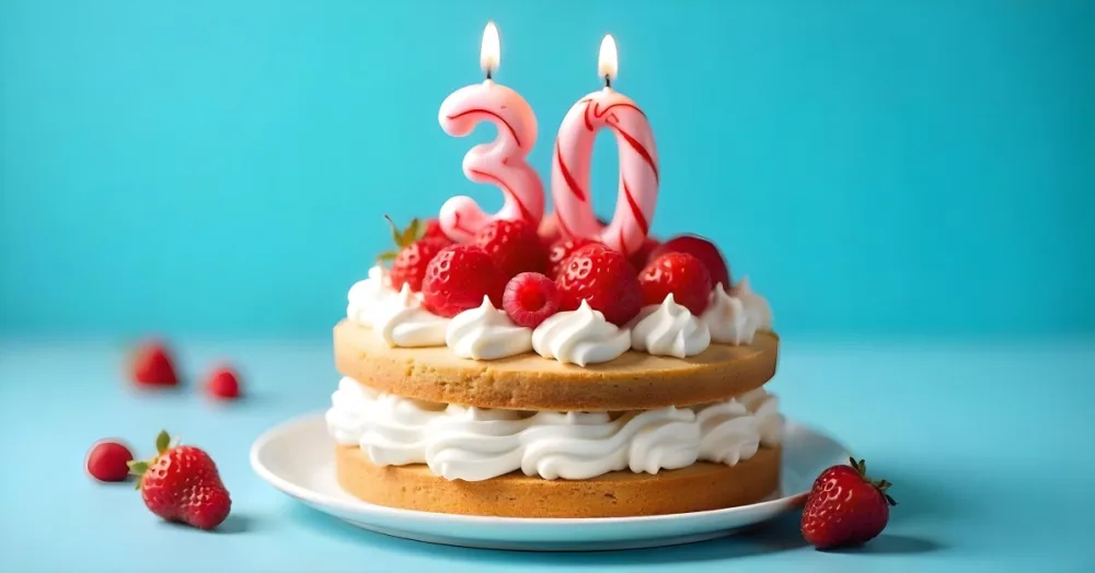 A Cake With Strawberries And Raspberries On Top With A Number 30 Candle On A Blue Background 12 A921