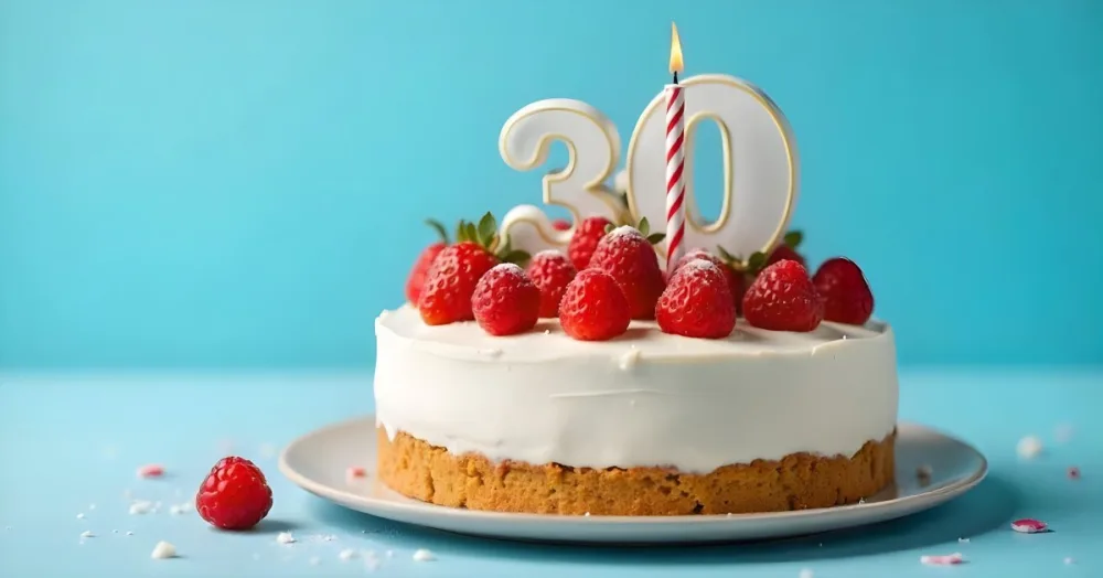 A Cake With Strawberries And Raspberries On Top With A Number 30 Candle On A Blue Background 13 89e5