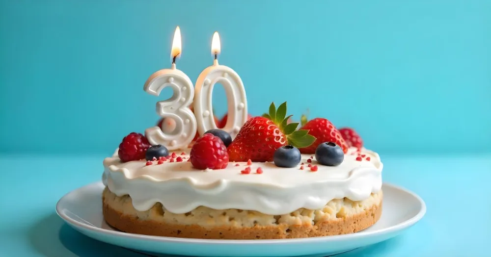 A Cake With Strawberries And Raspberries On Top With A Number 30 Candle On A Blue Background 14 Bb31
