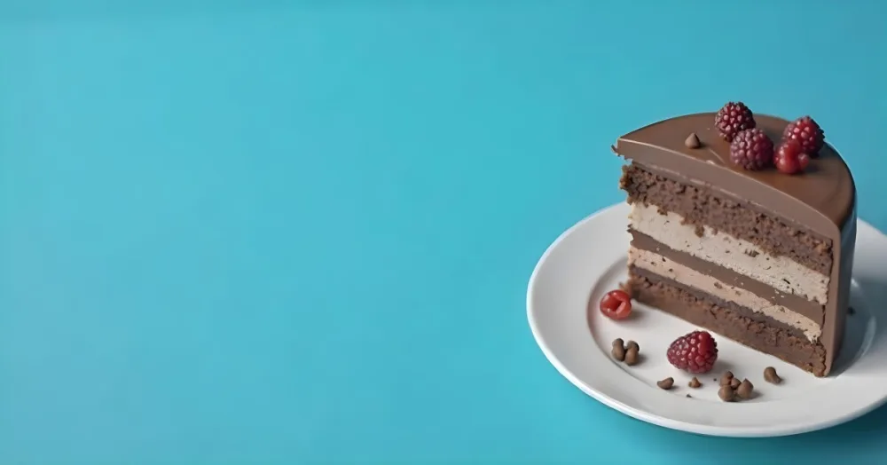 A Chocolate Cake With Chocolate Frosting On A White Plate Plain Blue Background Studio Shot Minimalist Food Photography 1 1c90