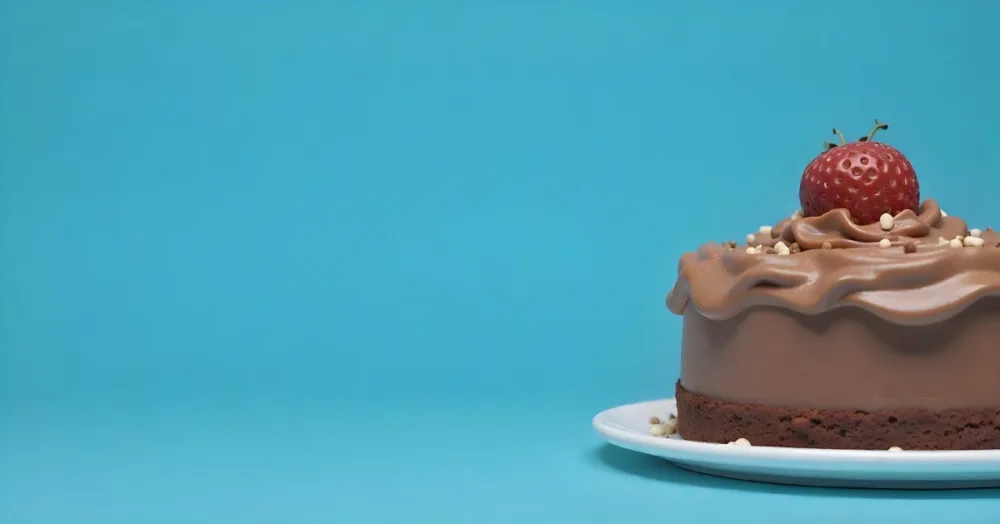 A Chocolate Cake With Chocolate Frosting On A White Plate Plain Blue Background Studio Shot Minimalist Food Photography 11 78f3