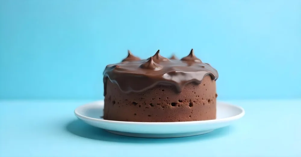 A Chocolate Cake With Chocolate Frosting On A White Plate Plain Blue Background Studio Shot Minimalist Food Photography 13 004d
