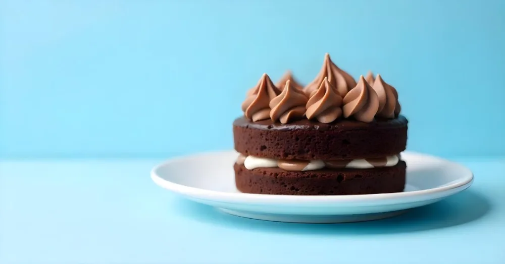 A Chocolate Cake With Chocolate Frosting On A White Plate Plain Blue Background Studio Shot Minimalist Food Photography 15 5885