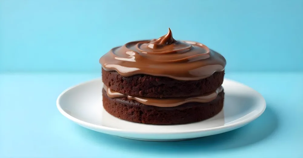 A Chocolate Cake With Chocolate Frosting On A White Plate Plain Blue Background Studio Shot Minimalist Food Photography 3 58aa