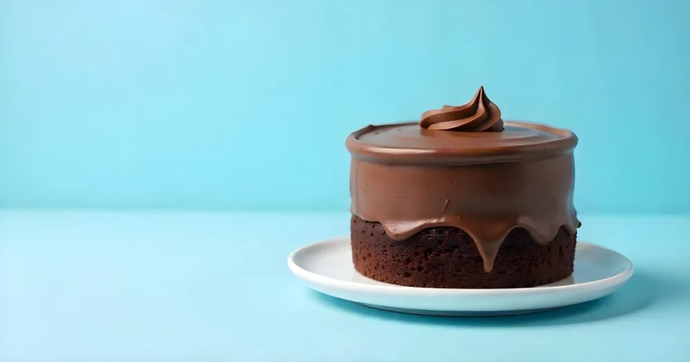 A Chocolate Cake With Chocolate Frosting On A White Plate Plain Blue Background Studio Shot Minimalist Food Photography 8 B368