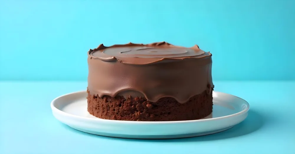 A Chocolate Cake With Chocolate Frosting On A White Plate Plain Blue Background Studio Shot Minimalist Food Photography 9 03b8