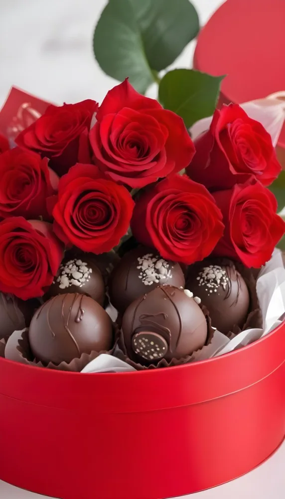 A Close Up Of A Red Rose Bouquet With Chocolate Truffles In A Red Box 14 699e