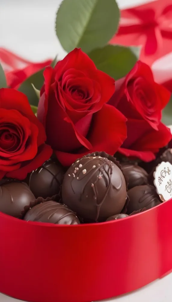 A Close Up Of A Red Rose Bouquet With Chocolate Truffles In A Red Box 18 5a02