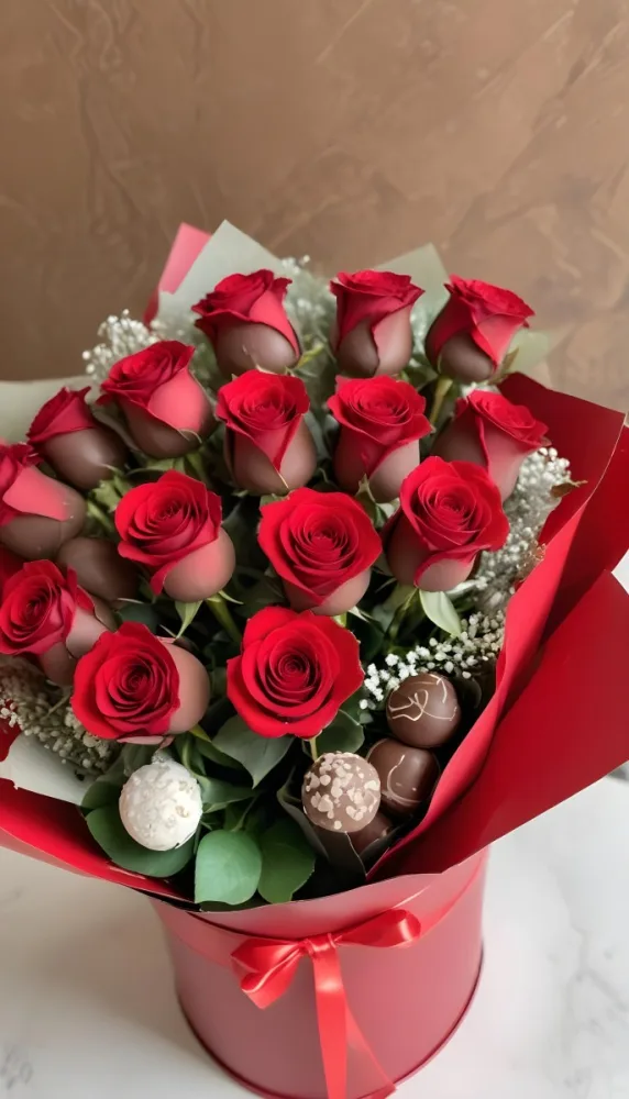 A Close Up Of A Red Rose Bouquet With Chocolate Truffles In A Red Box 2 1b8b