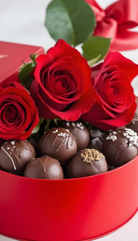 A Close Up Of A Red Rose Bouquet With Chocolate Truffles In A Red Box 20 32ba