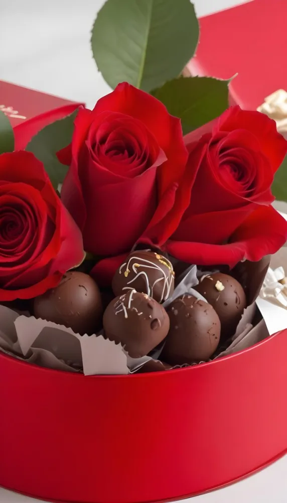 A Close Up Of A Red Rose Bouquet With Chocolate Truffles In A Red Box 21 8ad3