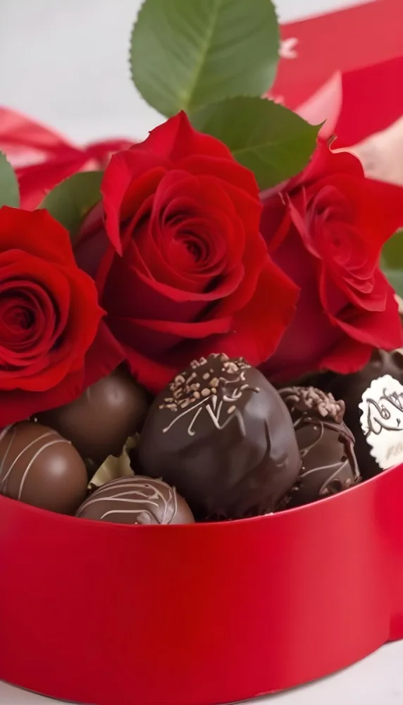 A Close Up Of A Red Rose Bouquet With Chocolate Truffles In A Red Box 22 467b