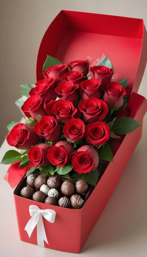 A Close Up Of A Red Rose Bouquet With Chocolate Truffles In A Red Box 3 1eb1