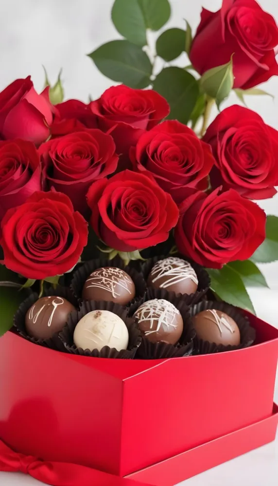 A Close Up Of A Red Rose Bouquet With Chocolate Truffles In A Red Box 5 Dea5