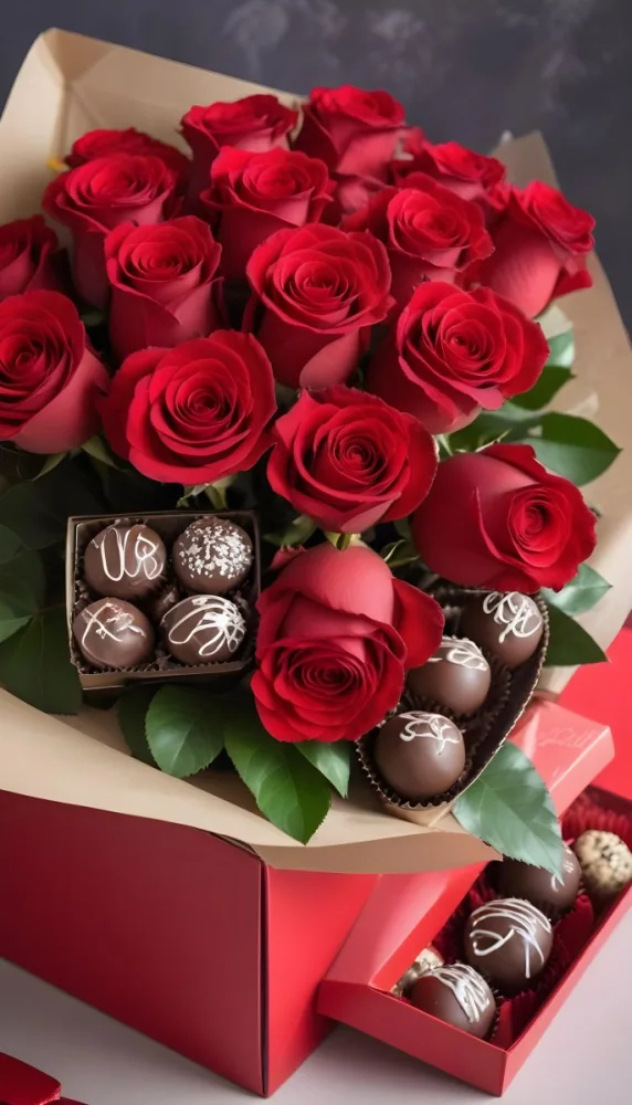 A Close Up Of A Red Rose Bouquet With Chocolate Truffles In A Red Box 6 Cdd5