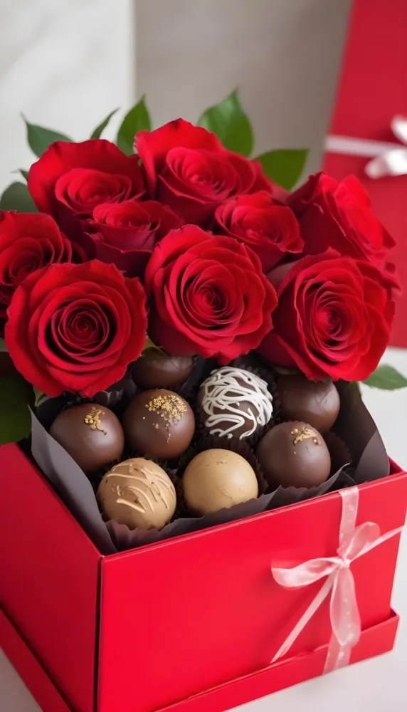 A Close Up Of A Red Rose Bouquet With Chocolate Truffles In A Red Box 7 Eed6