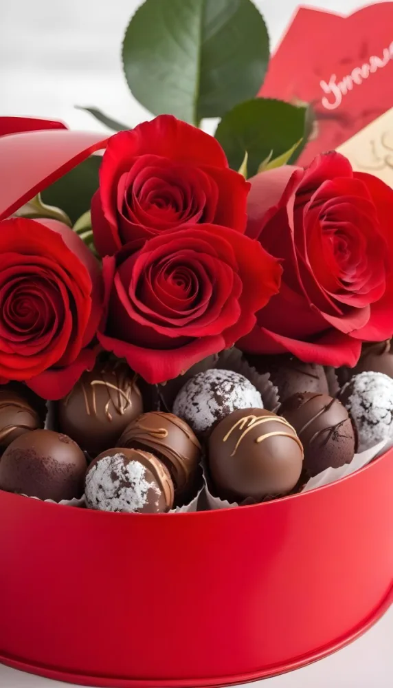 A Close Up Of A Red Rose Bouquet With Chocolate Truffles In A Red Box 9 Ee0c