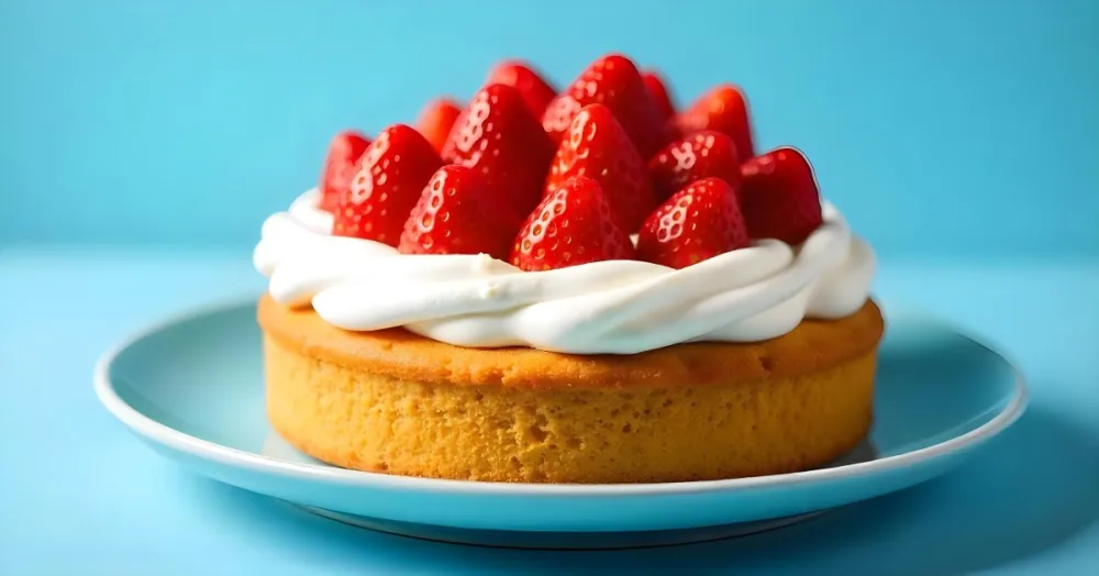 A Delicious Cake With Cream And Strawberries On Top On A Blue Plate With A Blue Background 10 0e84