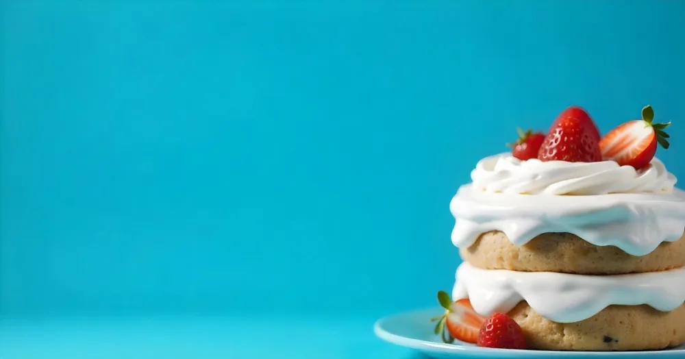 A Delicious Cake With Cream And Strawberries On Top On A Blue Plate With A Blue Background 18 D54c