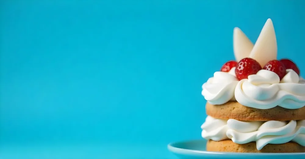 A Delicious Cake With Cream And Strawberries On Top On A Blue Plate With A Blue Background 21 C4d9