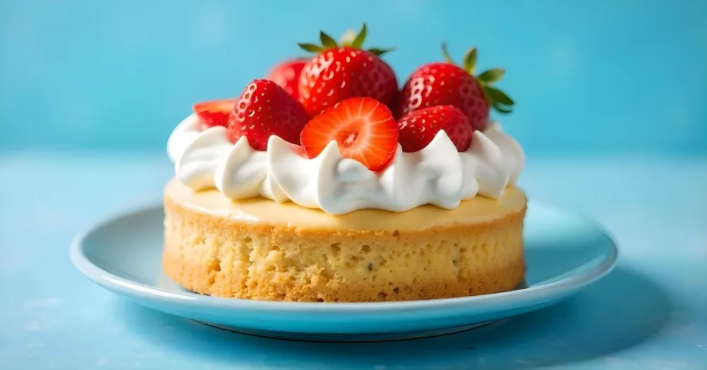 A Delicious Cake With Cream And Strawberries On Top On A Blue Plate With A Blue Background 22 848b