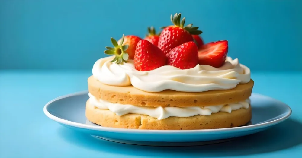A Delicious Cake With Cream And Strawberries On Top On A Blue Plate With A Blue Background 23 F2a2