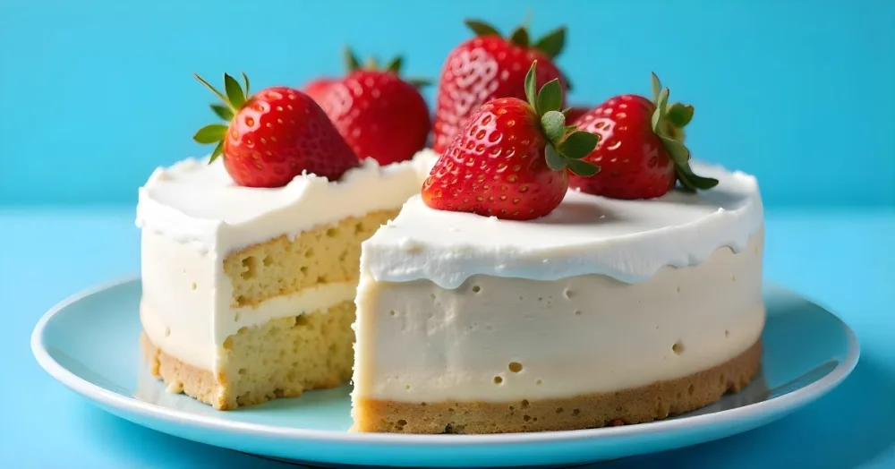 A Delicious Cake With Cream And Strawberries On Top On A Blue Plate With A Blue Background 24 4ed8