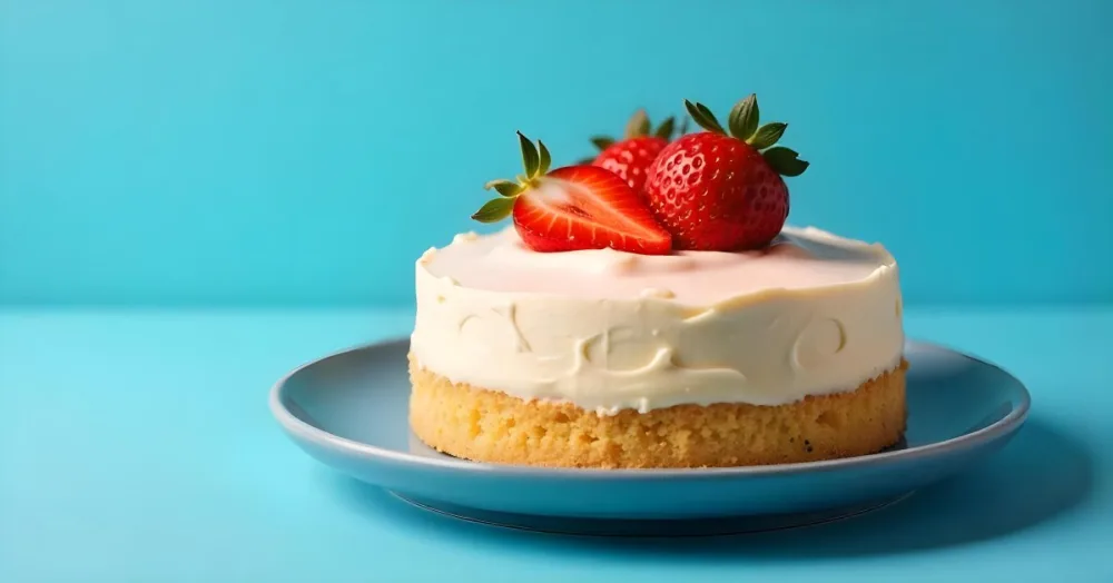 A Delicious Cake With Cream And Strawberries On Top On A Blue Plate With A Blue Background 25 E64e