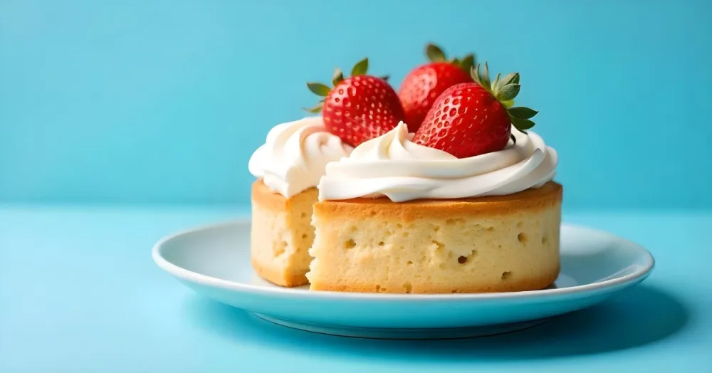 A Delicious Cake With Cream And Strawberries On Top On A Blue Plate With A Blue Background 26 Cfb2