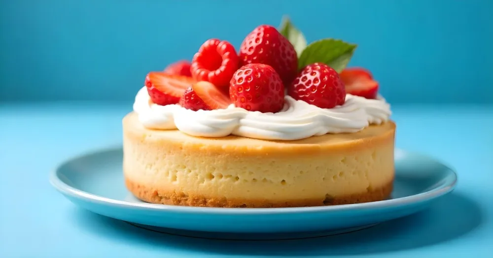 A Delicious Cake With Cream And Strawberries On Top On A Blue Plate With A Blue Background 3 79f2