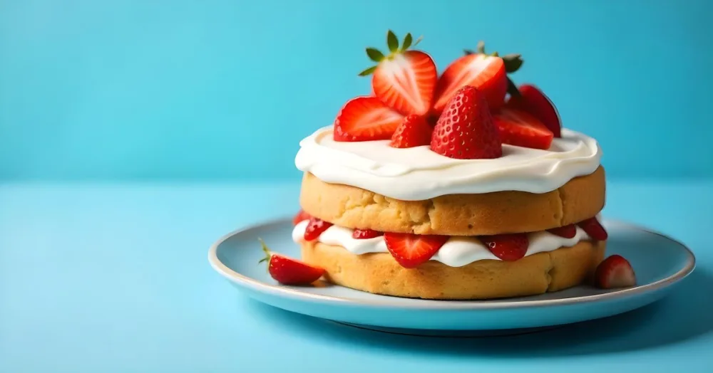 A Delicious Cake With Cream And Strawberries On Top On A Blue Plate With A Blue Background 4 60ab