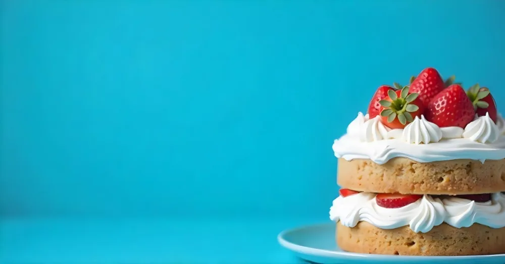 A Delicious Cake With Cream And Strawberries On Top On A Blue Plate With A Blue Background 5 23a0