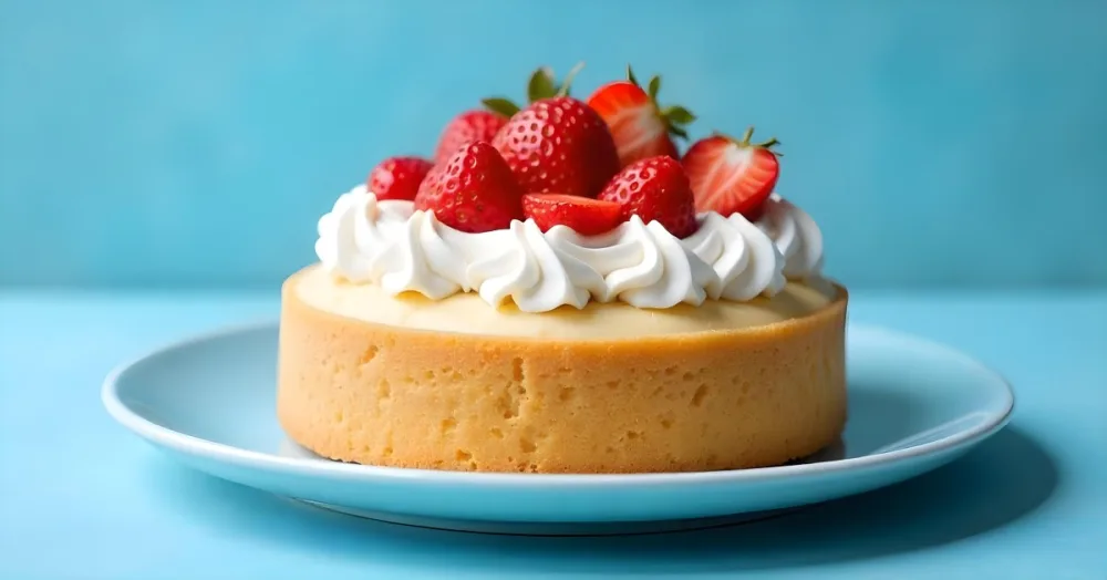A Delicious Cake With Cream And Strawberries On Top On A Blue Plate With A Blue Background 6 87bb