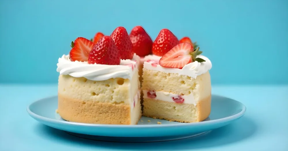 A Delicious Cake With Cream And Strawberries On Top On A Blue Plate With A Blue Background 8 F502