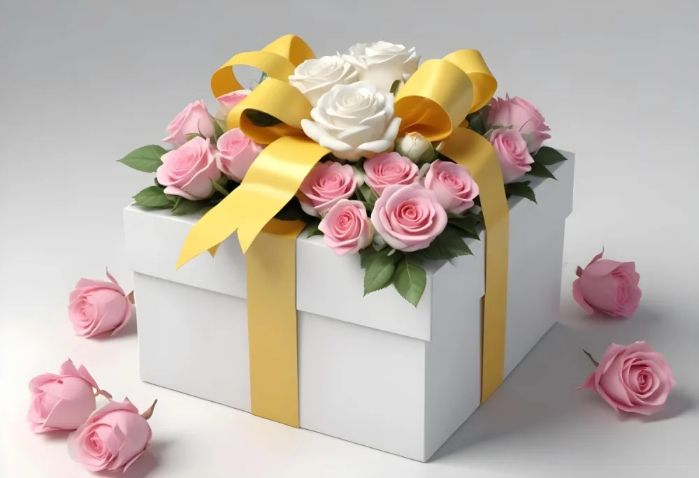 A Gift Box With A Yellow Ribbon And A Bouquet Of White Roses With Pink Flowers On A White Background 14 4869