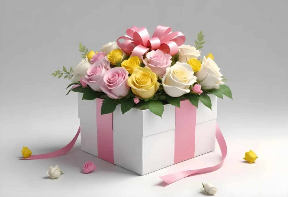 A Gift Box With A Yellow Ribbon And A Bouquet Of White Roses With Pink Flowers On A White Background 18 5a1f