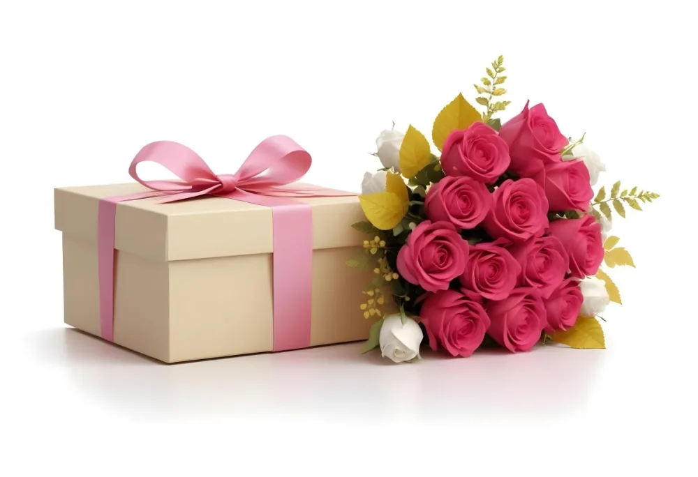 A Gift Box With A Yellow Ribbon And A Bouquet Of White Roses With Pink Flowers On A White Background 19 25f4