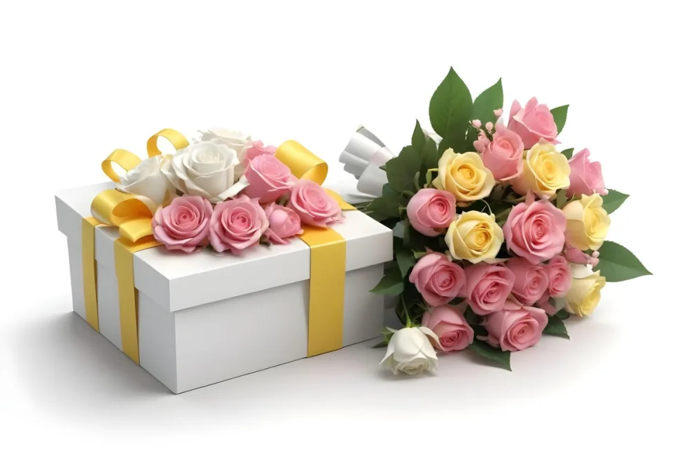 A Gift Box With A Yellow Ribbon And A Bouquet Of White Roses With Pink Flowers On A White Background 22 6d78