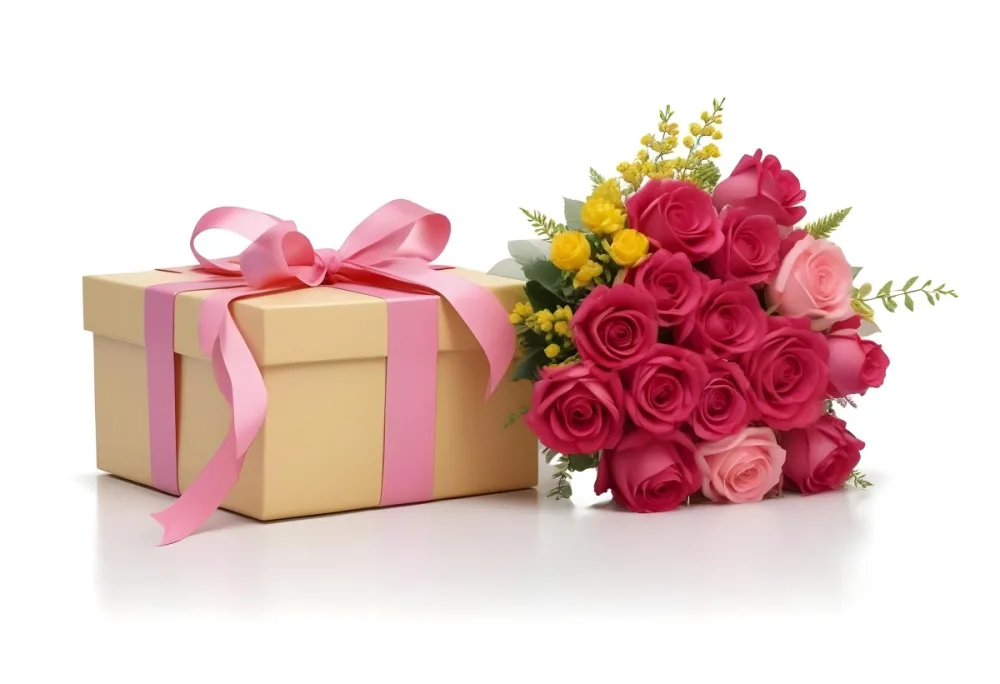 A Gift Box With A Yellow Ribbon And A Bouquet Of White Roses With Pink Flowers On A White Background 23 9239