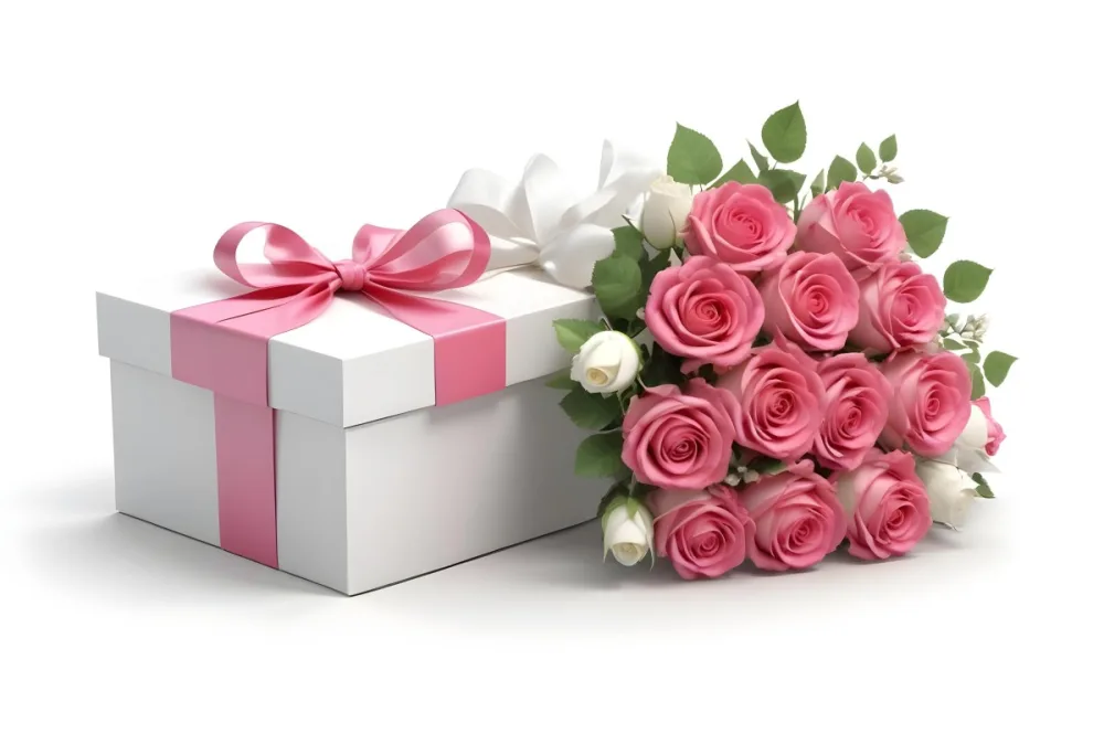 A Gift Box With A Yellow Ribbon And A Bouquet Of White Roses With Pink Flowers On A White Background 24 Df48