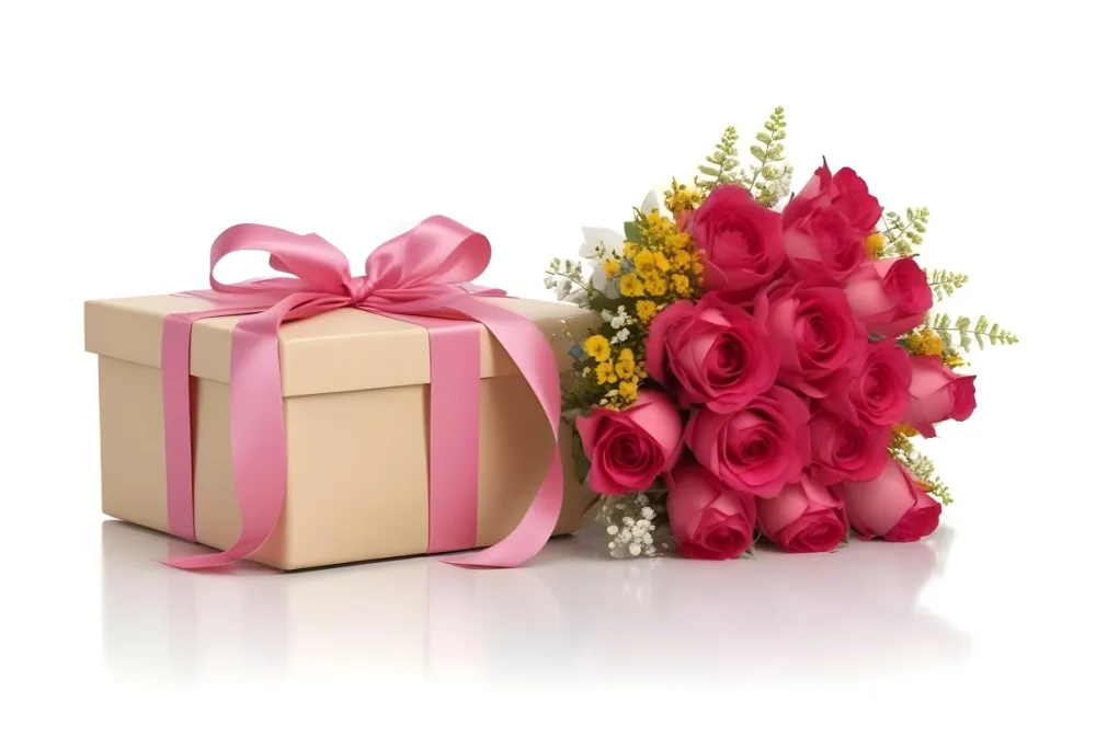 A Gift Box With A Yellow Ribbon And A Bouquet Of White Roses With Pink Flowers On A White Background 27 9c88